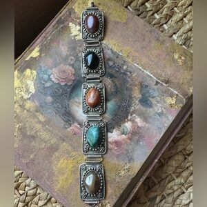 Multi-Stone Silver Link Bracelet with Turquoise, Brown, Black & Rust Cabochons
